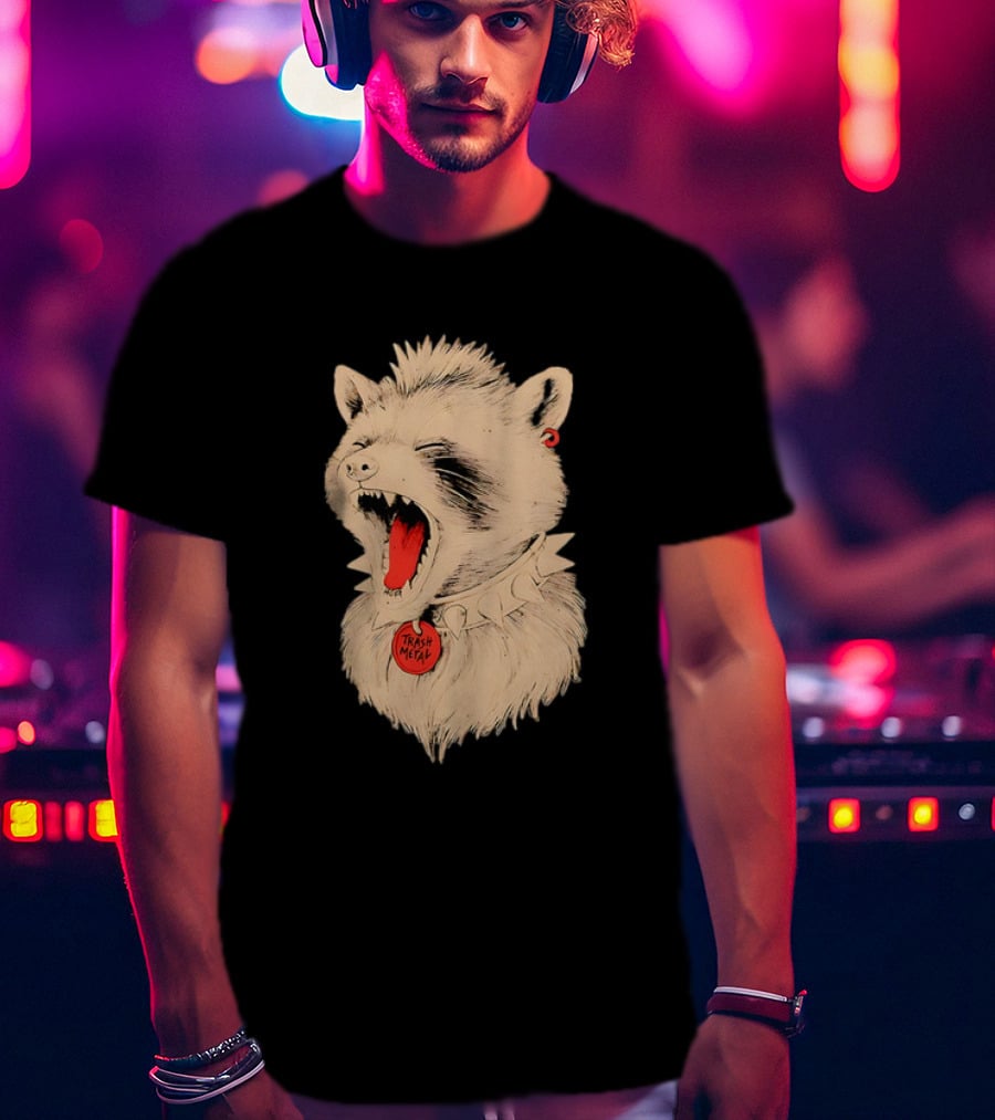 Trash Metal Raccoon With Spike Collar And Red Earring T-Shirt