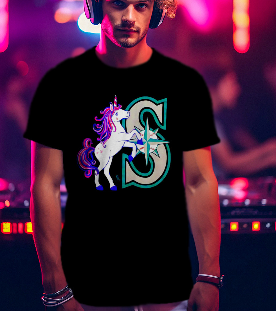 Unicorn Seattle Mariners Baseball Emblem With Compass And Stars T-Shirt