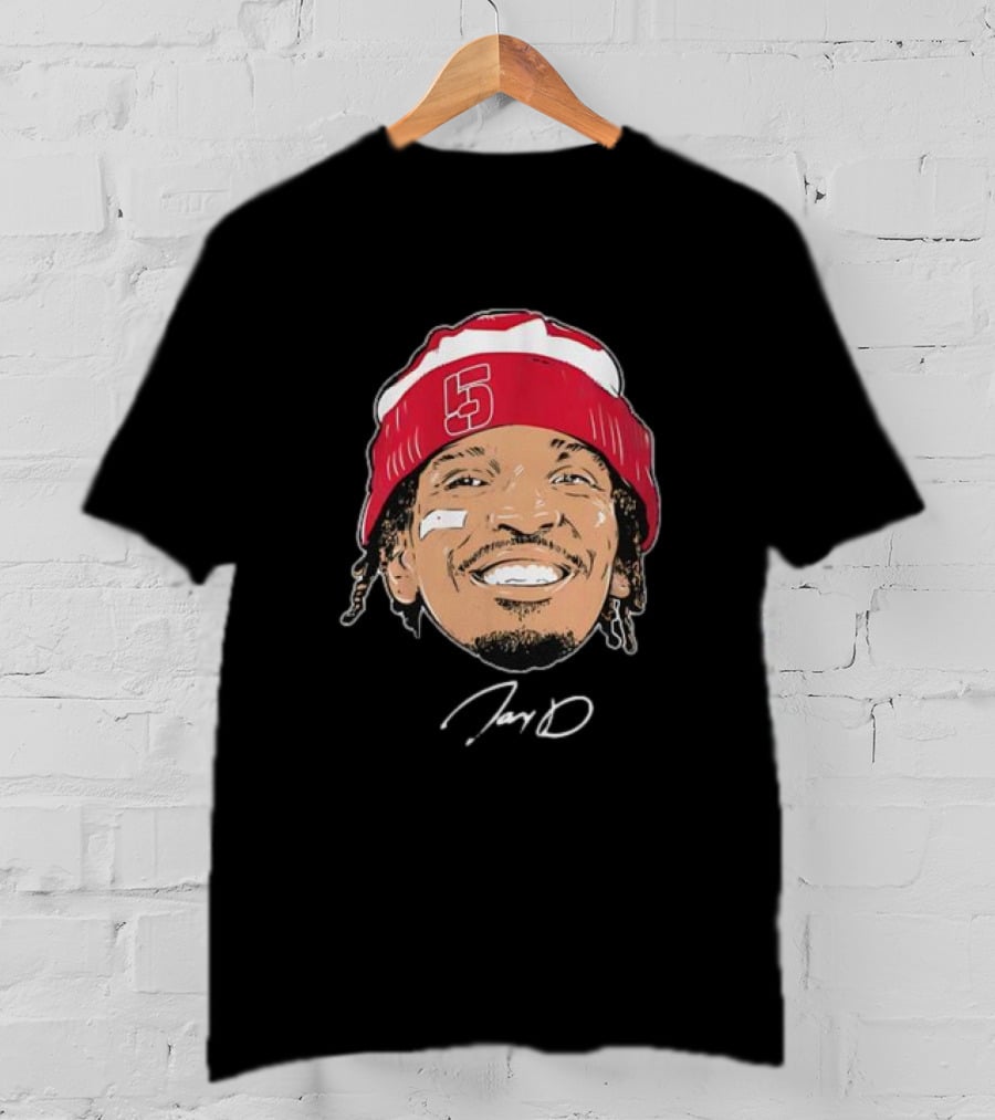 Washington Commanders Jayden Daniels Signature Face Bandage Number 5 Beanie T-Shirt