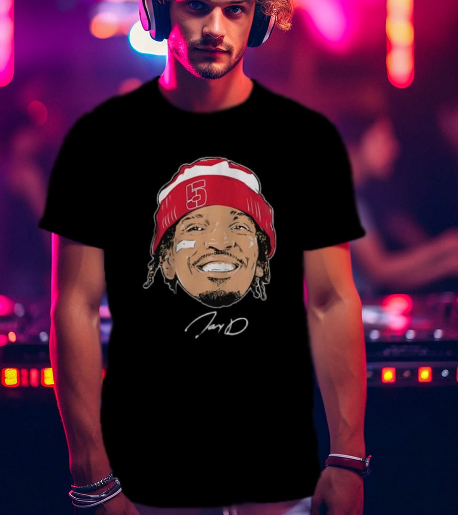 Washington Commanders Jayden Daniels Signature Face Bandage Number 5 Beanie T-Shirt