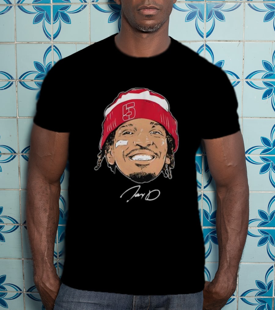 Washington Commanders Jayden Daniels Signature Face Bandage Number 5 Beanie T-Shirt