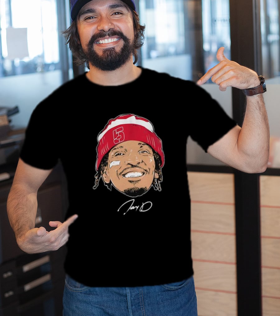 Washington Commanders Jayden Daniels Signature Face Bandage Number 5 Beanie T-Shirt