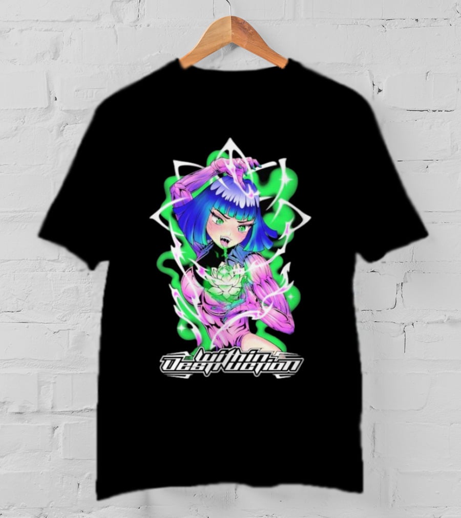 Within Destruction Lotus Anime Neon Girl With White Flower T-Shirt