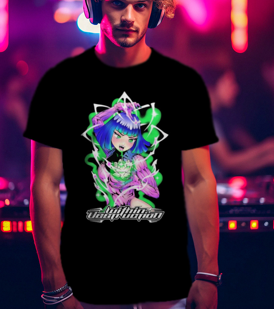 Within Destruction Lotus Anime Neon Girl With White Flower T-Shirt