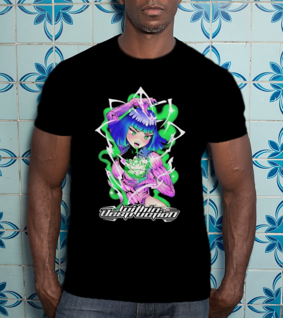 Within Destruction Lotus Anime Neon Girl With White Flower T-Shirt