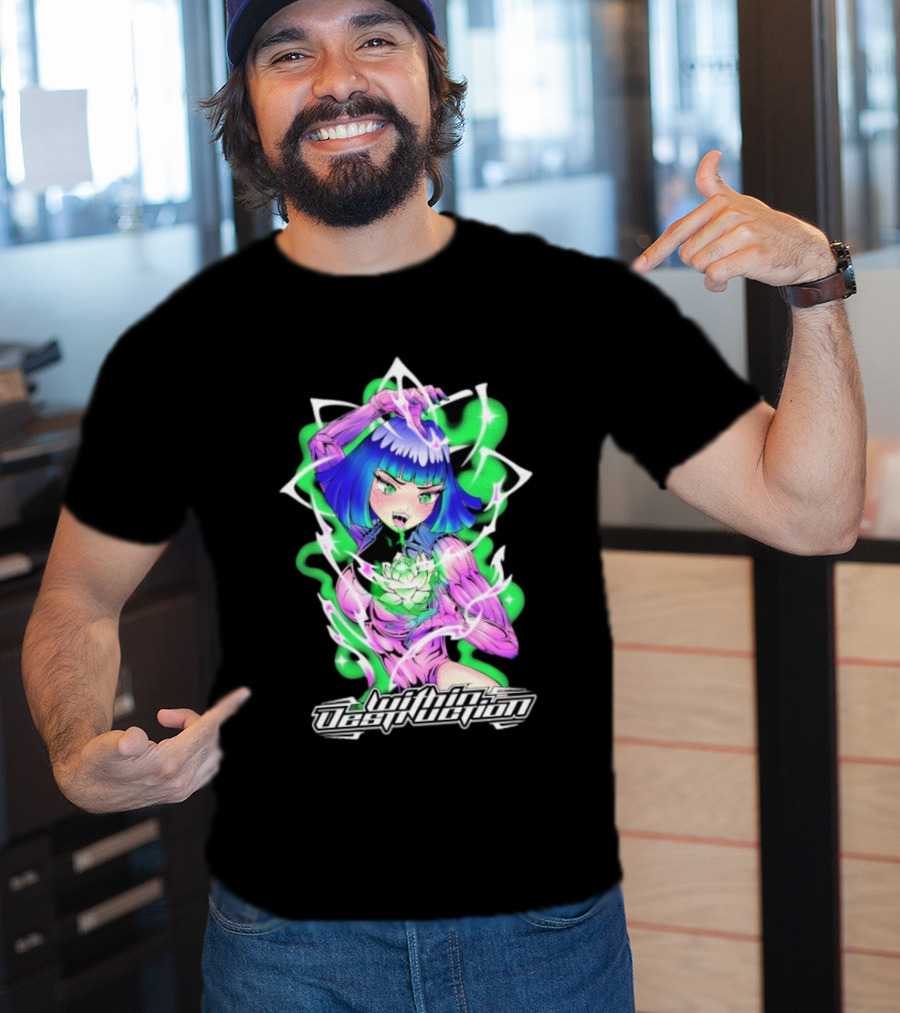 Within Destruction Lotus Anime Neon Girl With White Flower T-Shirt