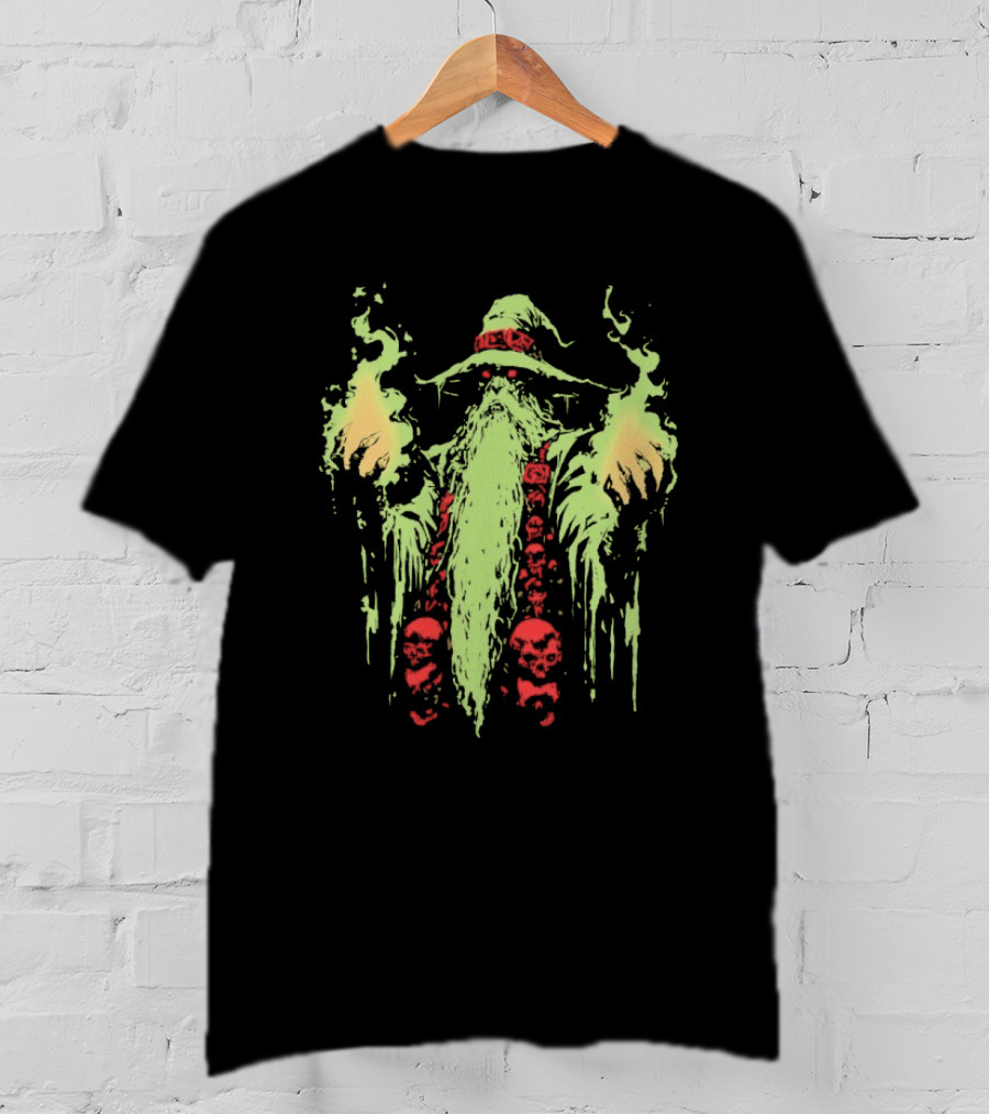 Wizard Of Doom Psychedelic Wizardry With Glowing Aura And Skull Elements T-Shirt
