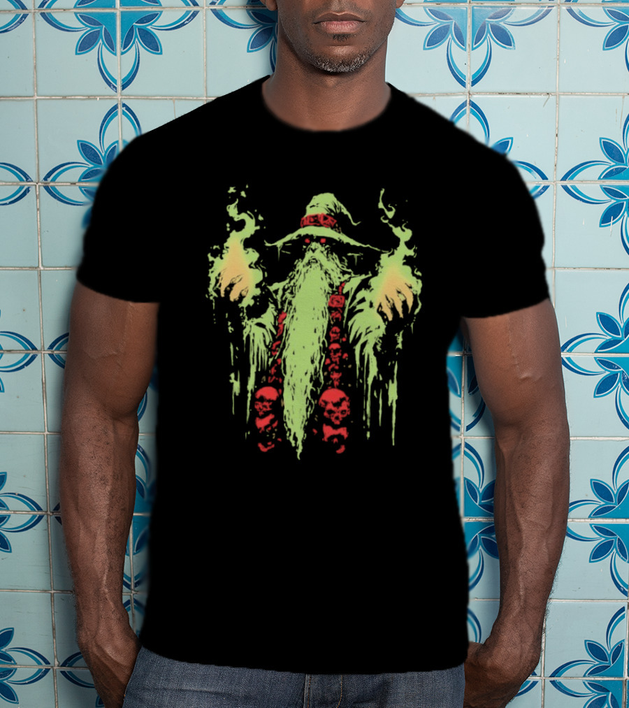 Wizard Of Doom Psychedelic Wizardry With Glowing Aura And Skull Elements T-Shirt