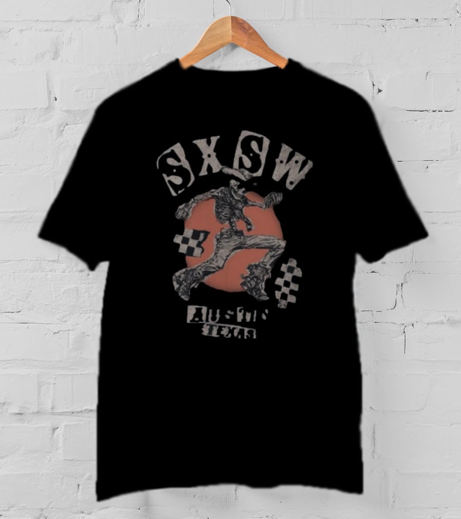 SXSW Bones Running Skeleton Austin Texas Checkered Flag Theme T-Shirt