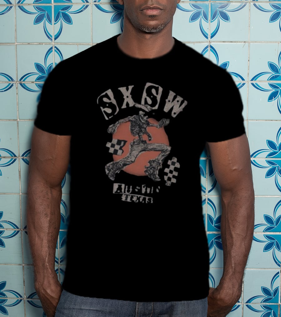 SXSW Bones Running Skeleton Austin Texas Checkered Flag Theme T-Shirt