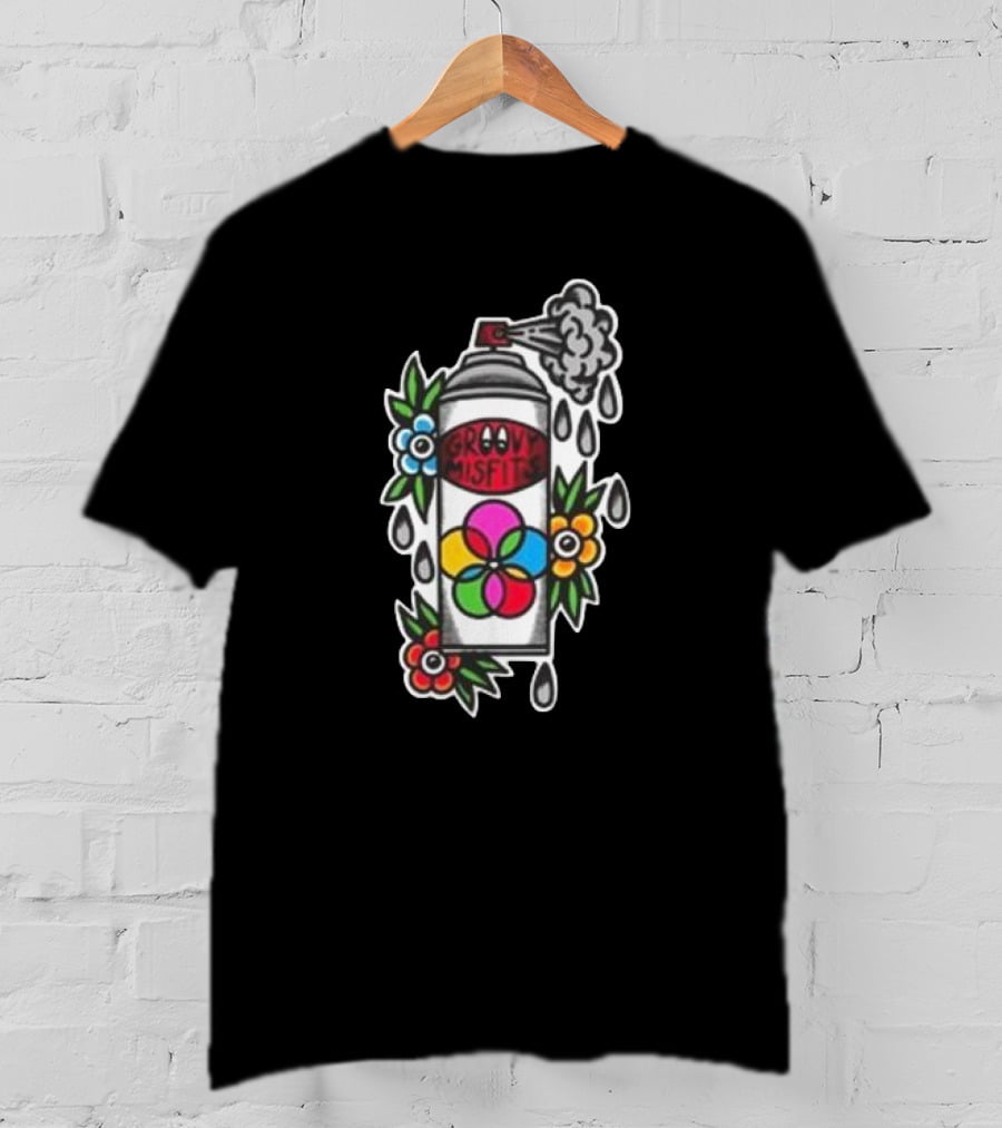 Tan Clemons Groovy Misfits Rattle Can Flower Power Design T-Shirt