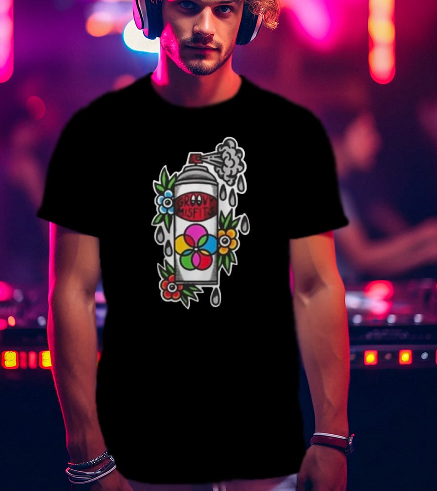 Tan Clemons Groovy Misfits Rattle Can Flower Power Design T-Shirt