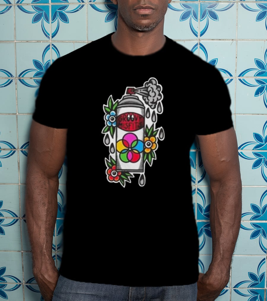 Tan Clemons Groovy Misfits Rattle Can Flower Power Design T-Shirt