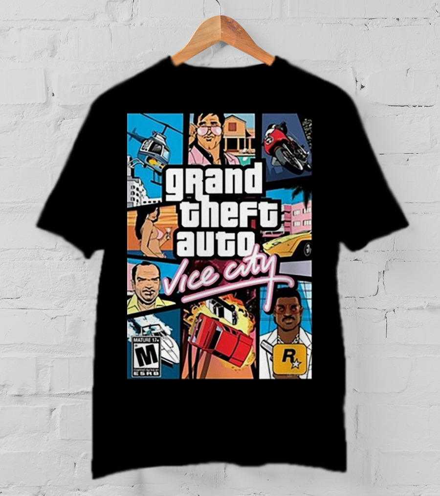 Grand Theft Auto Vice City Game Cover Art Helicopter Motorcycle Car Explosion R Star Logo T-Shirt
