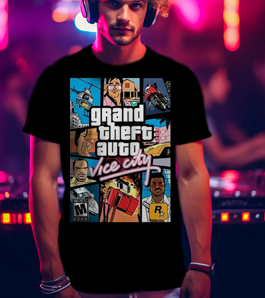 Grand Theft Auto Vice City Game Cover Art Helicopter Motorcycle Car Explosion R Star Logo T-Shirt