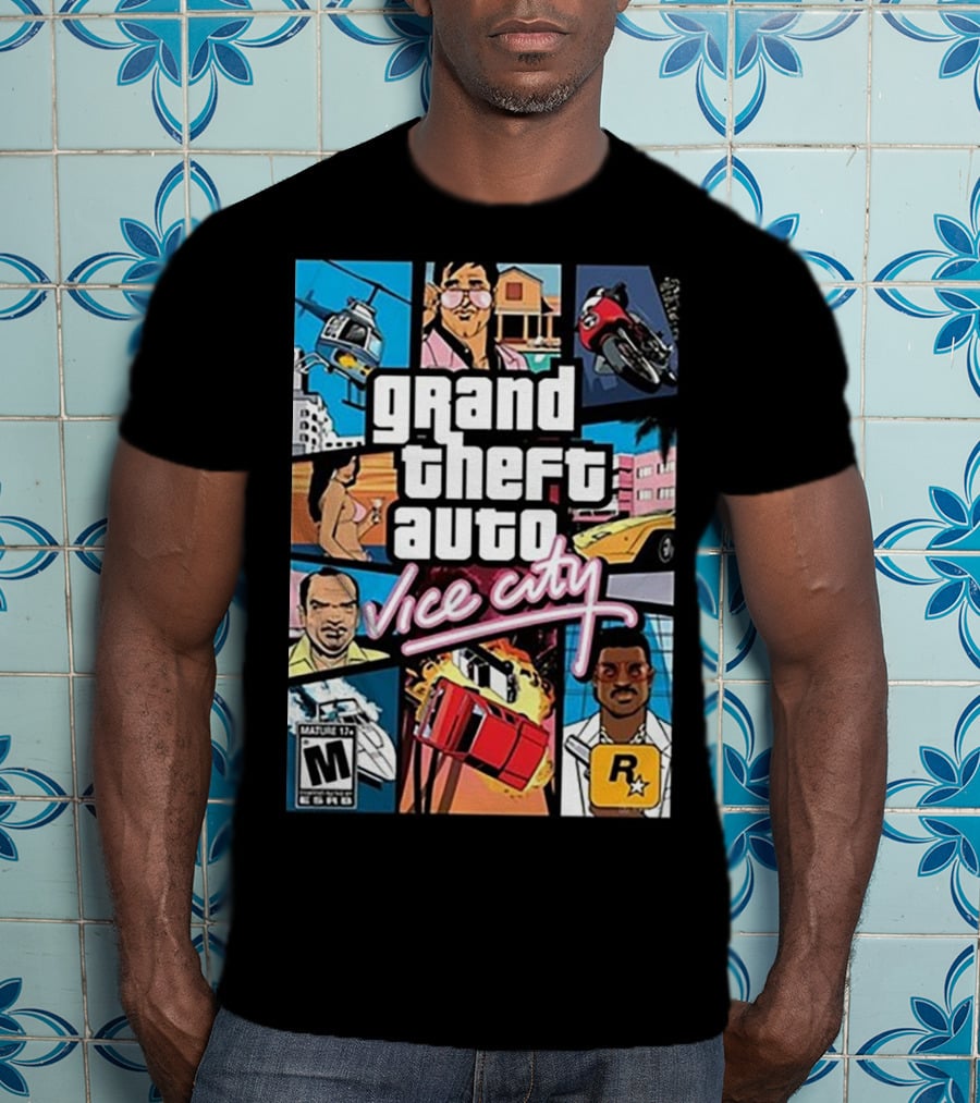 Grand Theft Auto Vice City Game Cover Art Helicopter Motorcycle Car Explosion R Star Logo T-Shirt