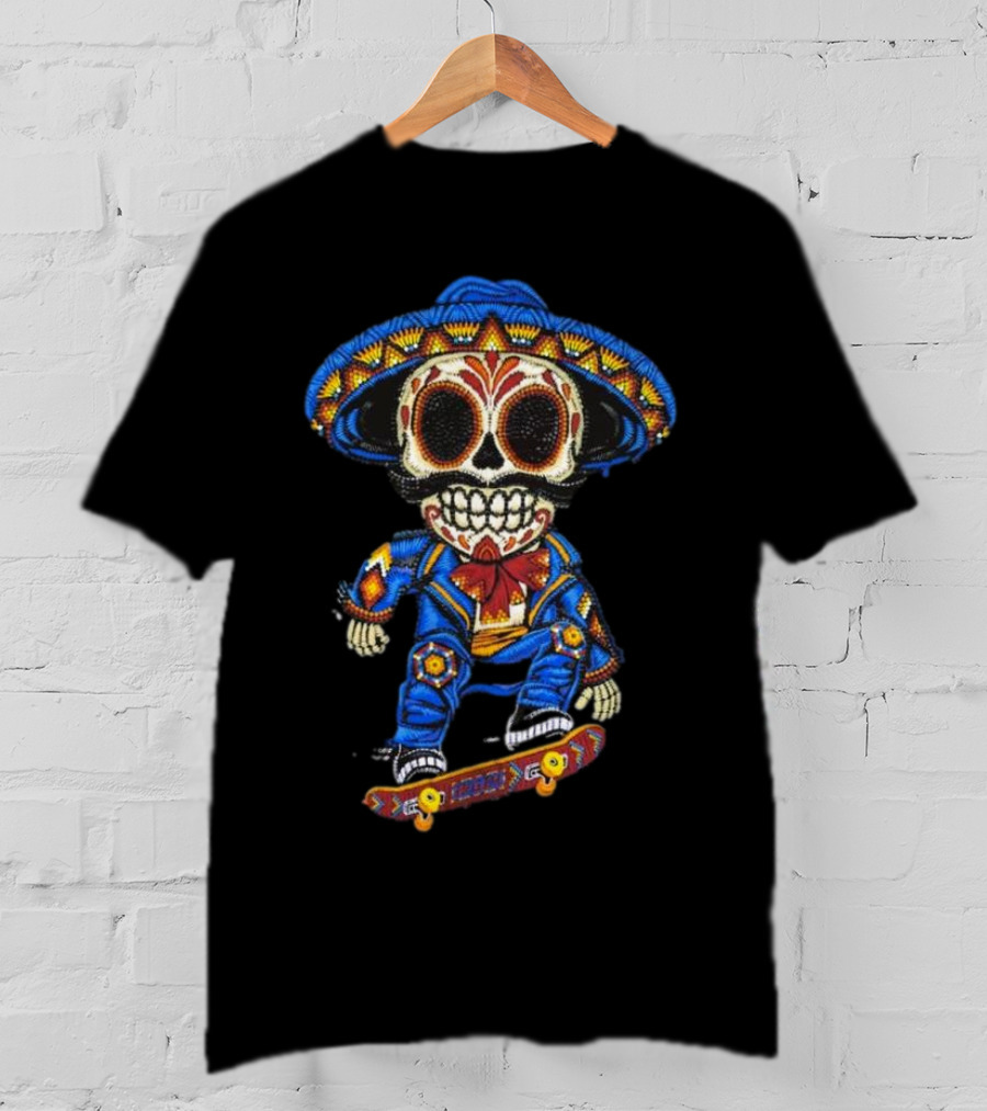 Mariachi Skull Skateboarding In Colorful Traditional Outfit T-Shirt