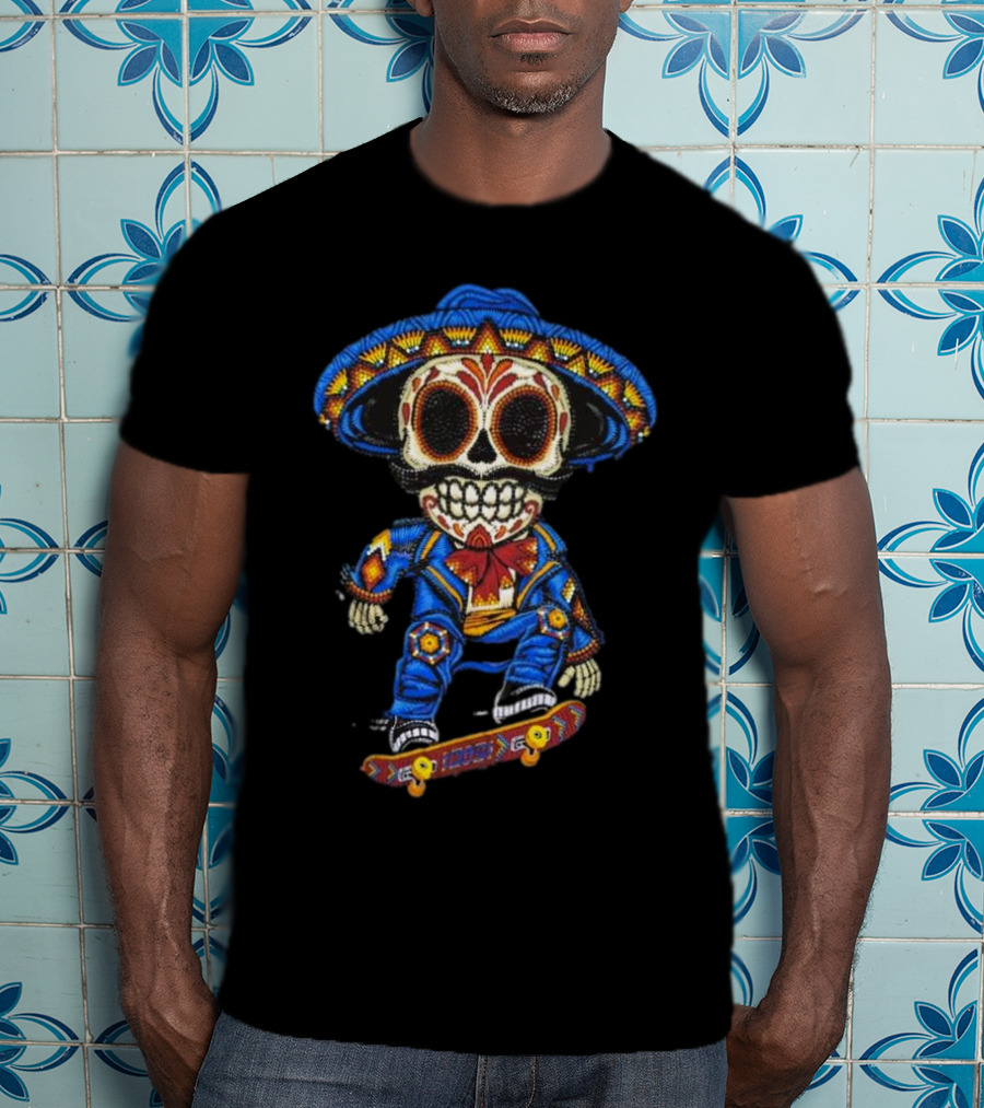 Mariachi Skull Skateboarding In Colorful Traditional Outfit T-Shirt