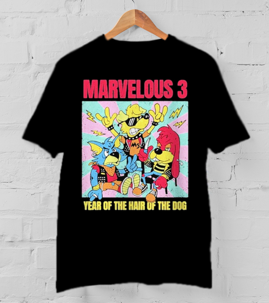Marvelous 3 Year Of The Hair Of The Dog Cartoon Dogs With Punk Outfits And Sunglasses T-Shirt
