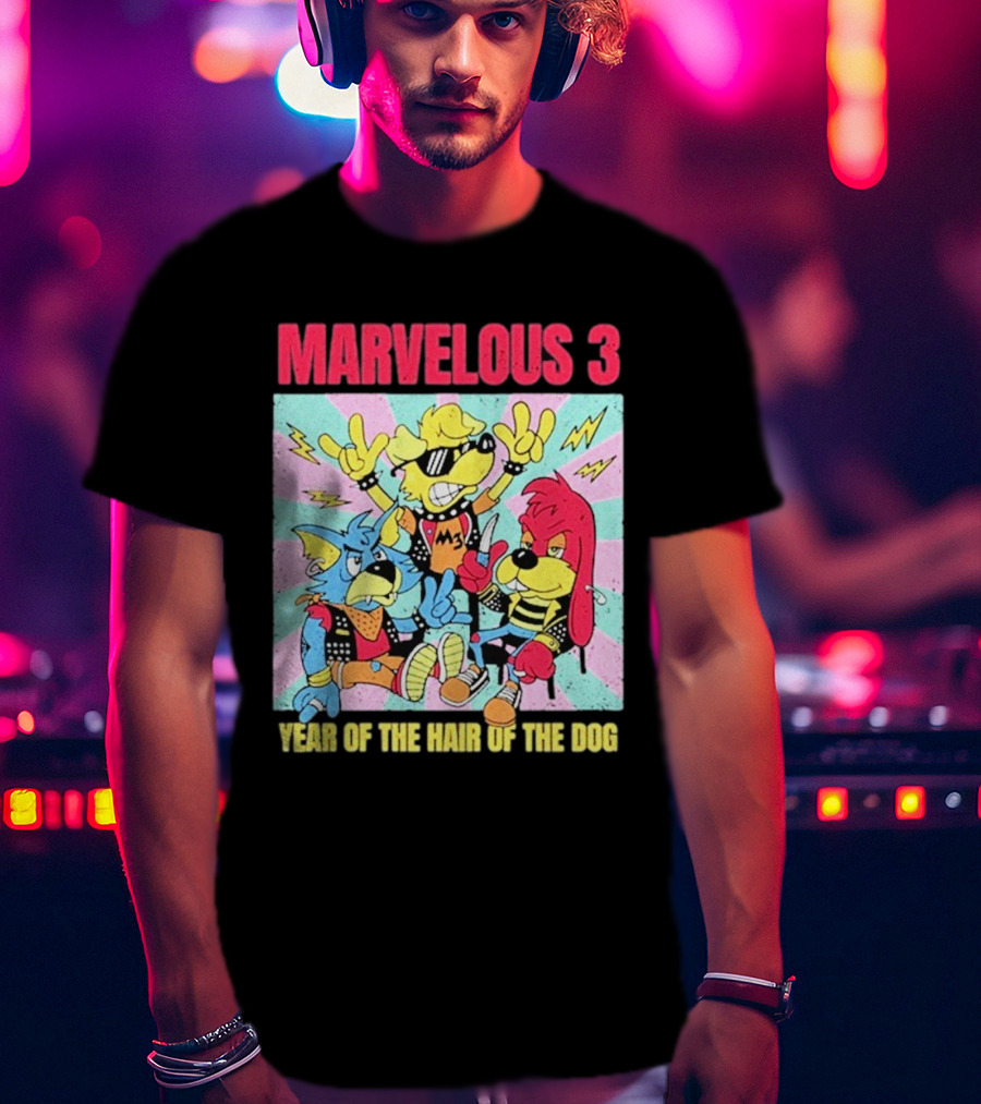 Marvelous 3 Year Of The Hair Of The Dog Cartoon Dogs With Punk Outfits And Sunglasses T-Shirt