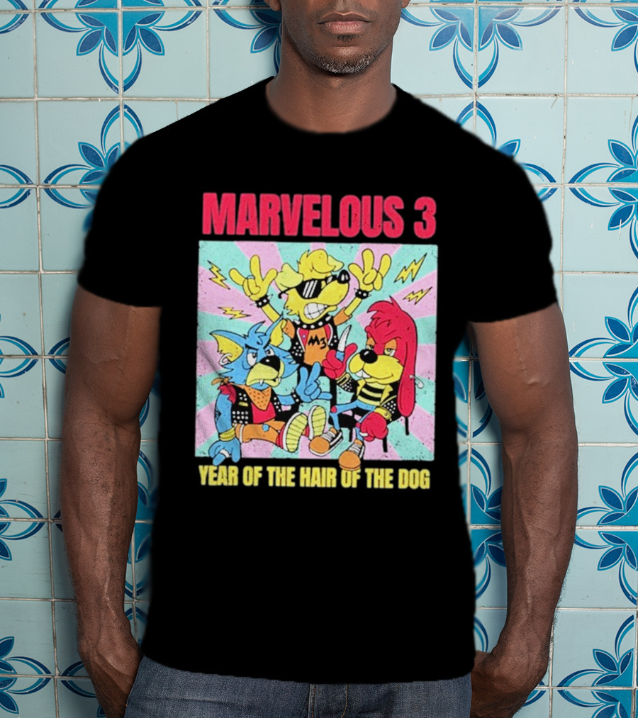 Marvelous 3 Year Of The Hair Of The Dog Cartoon Dogs With Punk Outfits And Sunglasses T-Shirt