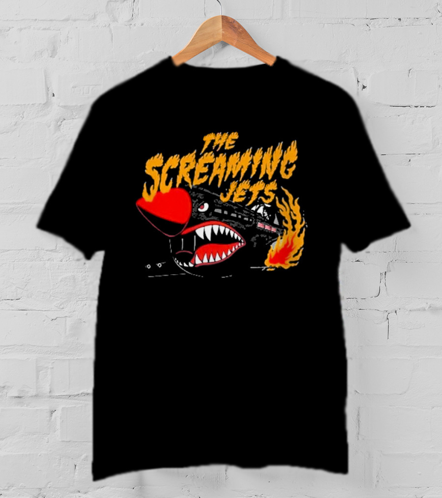 The Screaming Jets Flaming Jet With Fiery Cartoon Jet Fighter T-Shirt