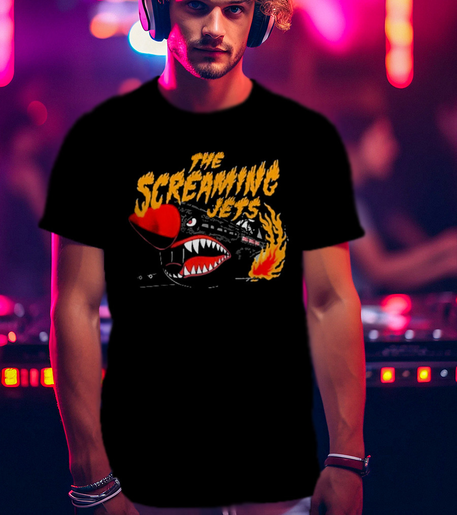 The Screaming Jets Flaming Jet With Fiery Cartoon Jet Fighter T-Shirt