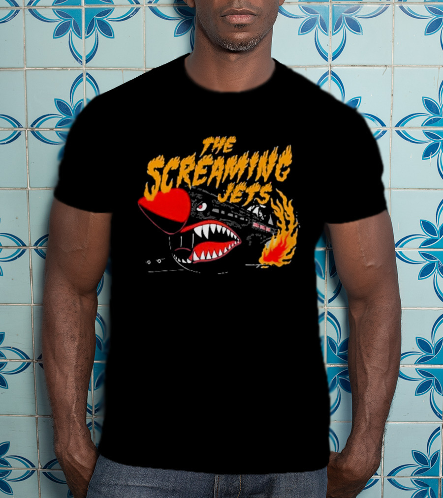 The Screaming Jets Flaming Jet With Fiery Cartoon Jet Fighter T-Shirt