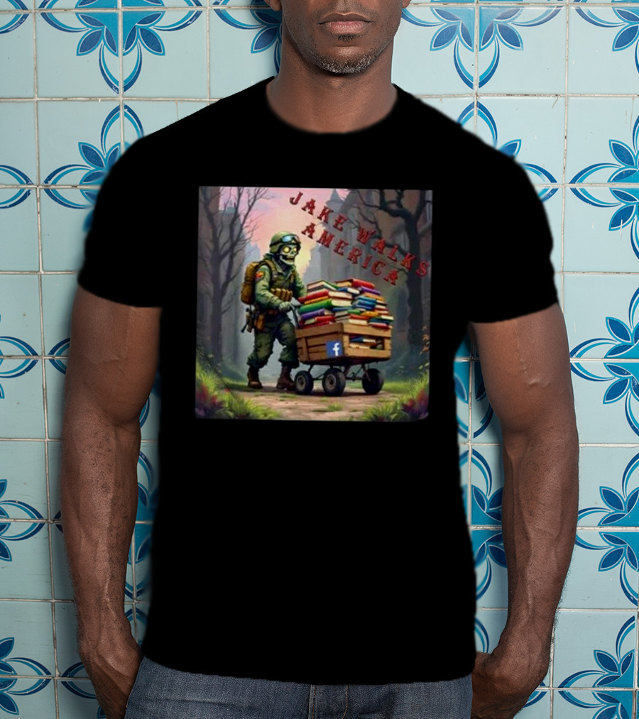 Zombie Soldier Pushing Book Cart Jake Walks America T-Shirt