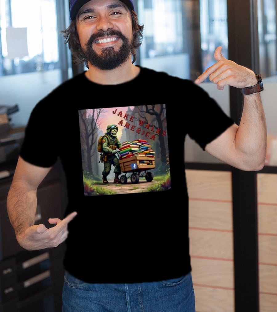 Zombie Soldier Pushing Book Cart Jake Walks America T-Shirt