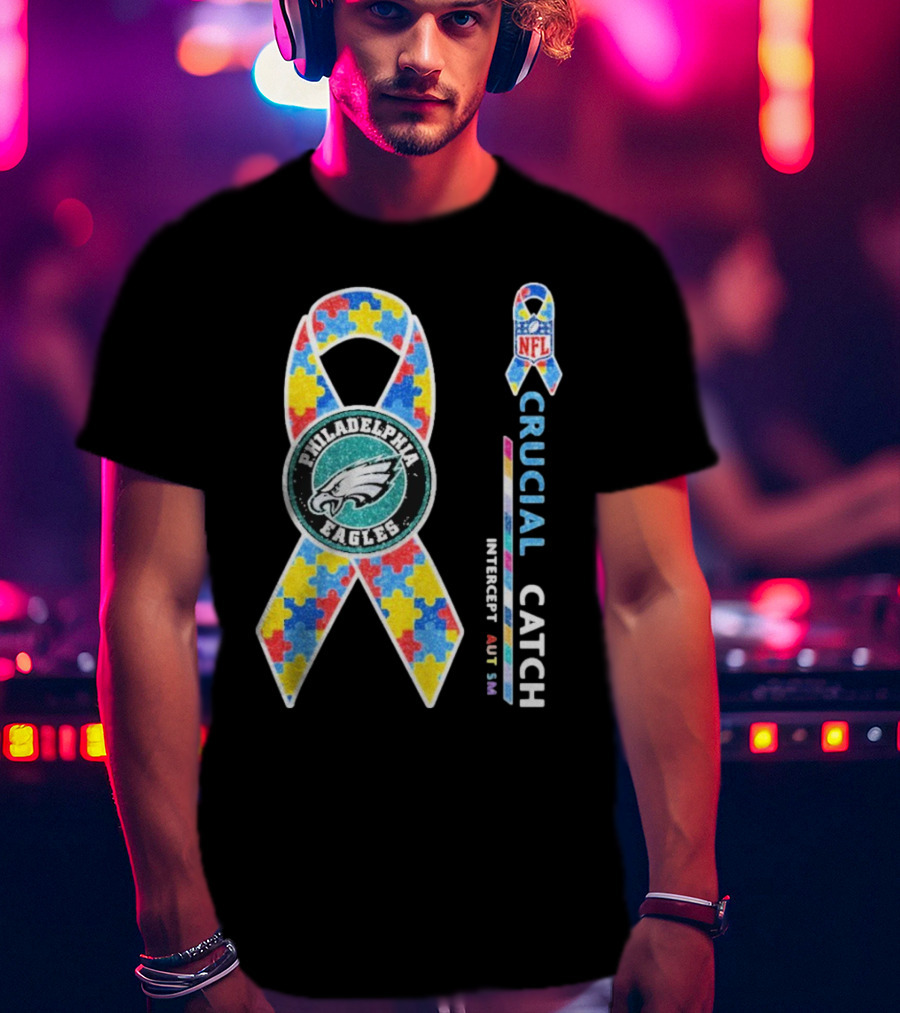 Philadelphia Eagles Autism Awareness Crucial Catch NFL Puzzle Ribbon T-Shirt