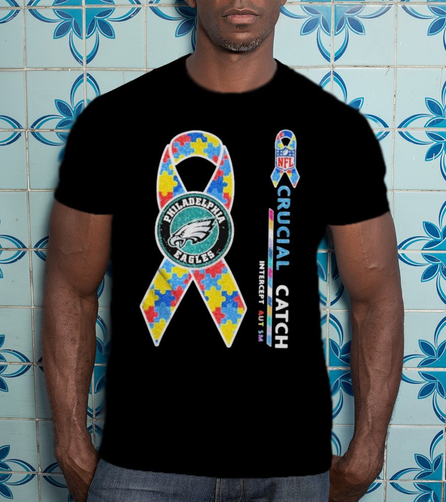 Philadelphia Eagles Autism Awareness Crucial Catch NFL Puzzle Ribbon T-Shirt