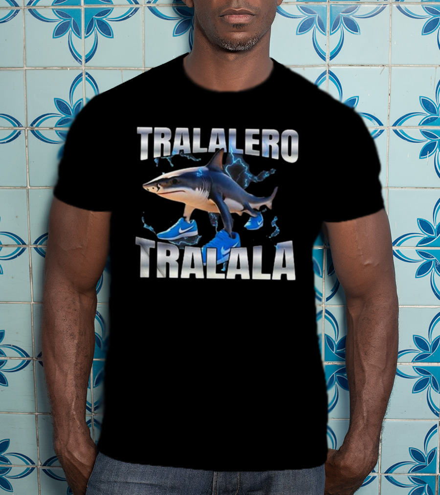 Tralalero Tralala Shark Wearing Blue Nike Shoes With Lightning T-Shirt