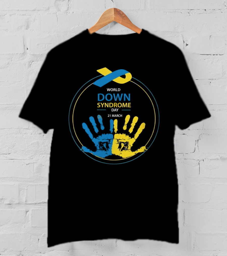 World Down Syndrome Day 21 March Blue Yellow Handprint Ribbon T-Shirt