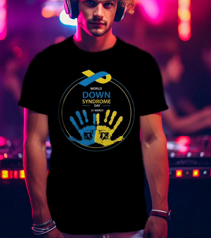 World Down Syndrome Day 21 March Blue Yellow Handprint Ribbon T-Shirt