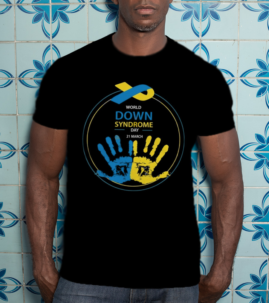 World Down Syndrome Day 21 March Blue Yellow Handprint Ribbon T-Shirt