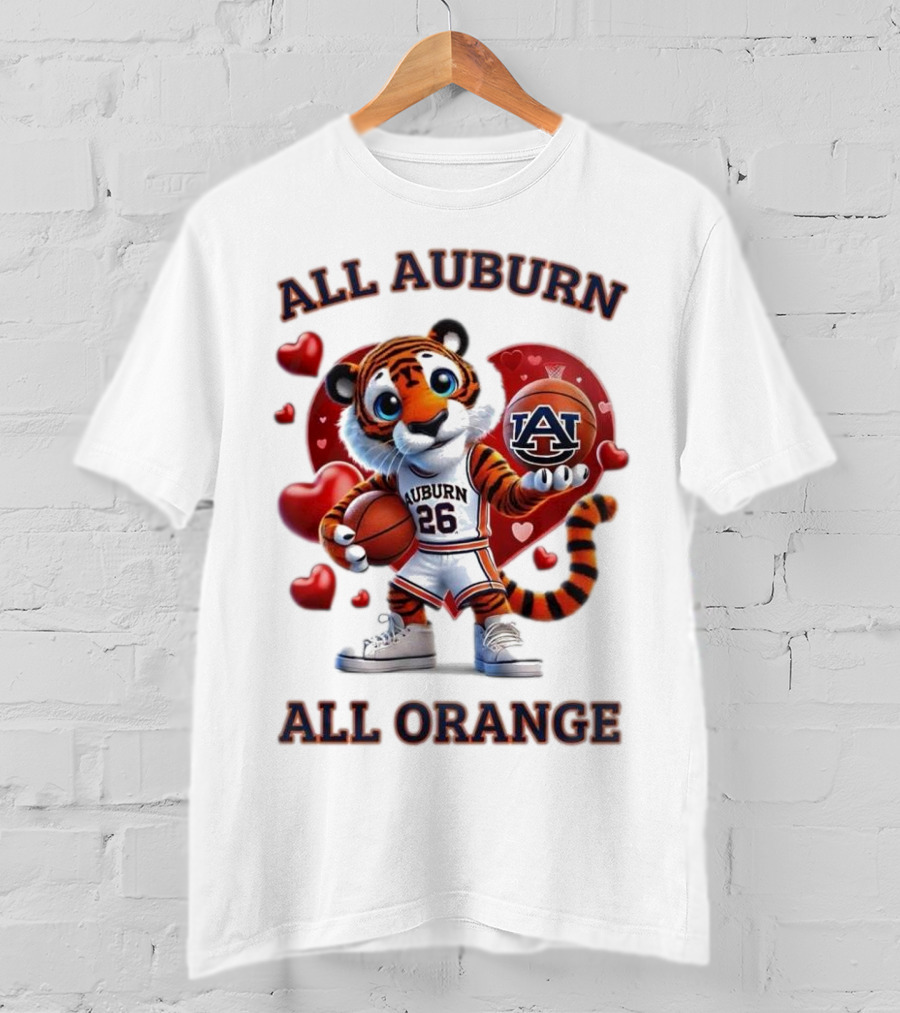 All Auburn All Orange Auburn Tigers Basketball Mascot Hearts T-Shirt