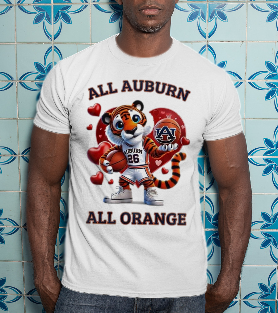 All Auburn All Orange Auburn Tigers Basketball Mascot Hearts T-Shirt