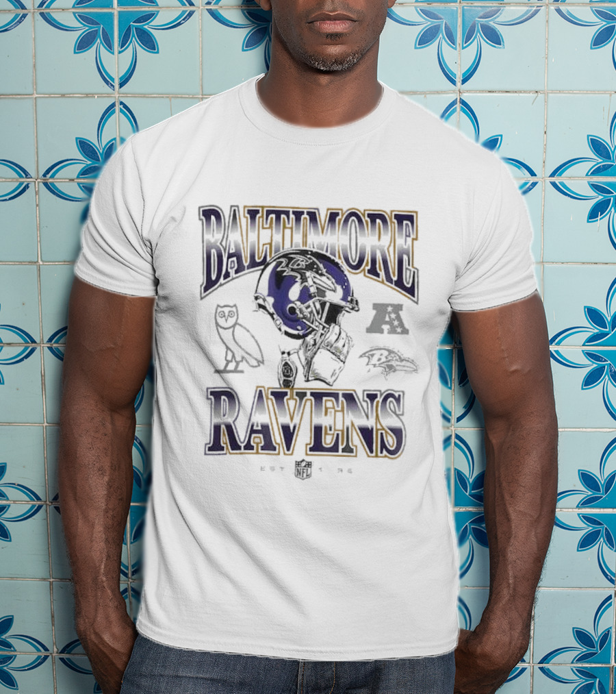 Baltimore Ravens OVO Heather Style With Classic Mascot And Football Graphics T-Shirt