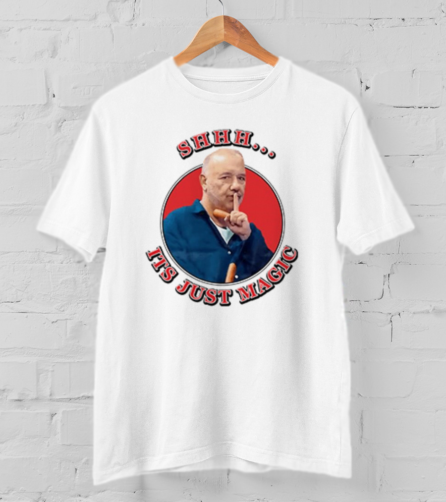Bob Mortimer Shhh It's Just Magic Finger Gesture Silence Humor T-Shirt