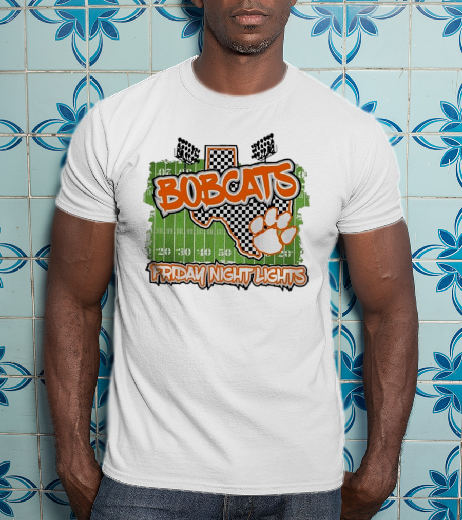 Bobcats Friday Night Lights Texas Football Paw Print Field Checkerboard T-Shirt