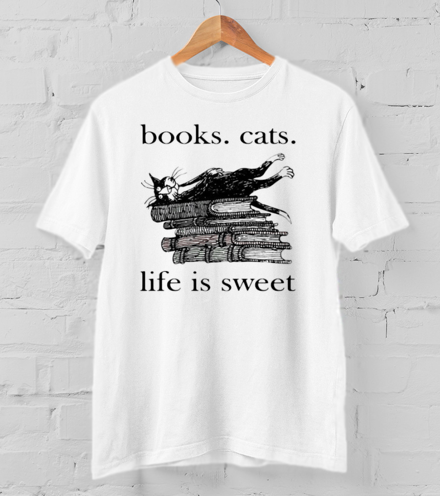 Books Cats Life Is Sweet Relaxing Cat On Stacked Books With Coffee Cup T-Shirt
