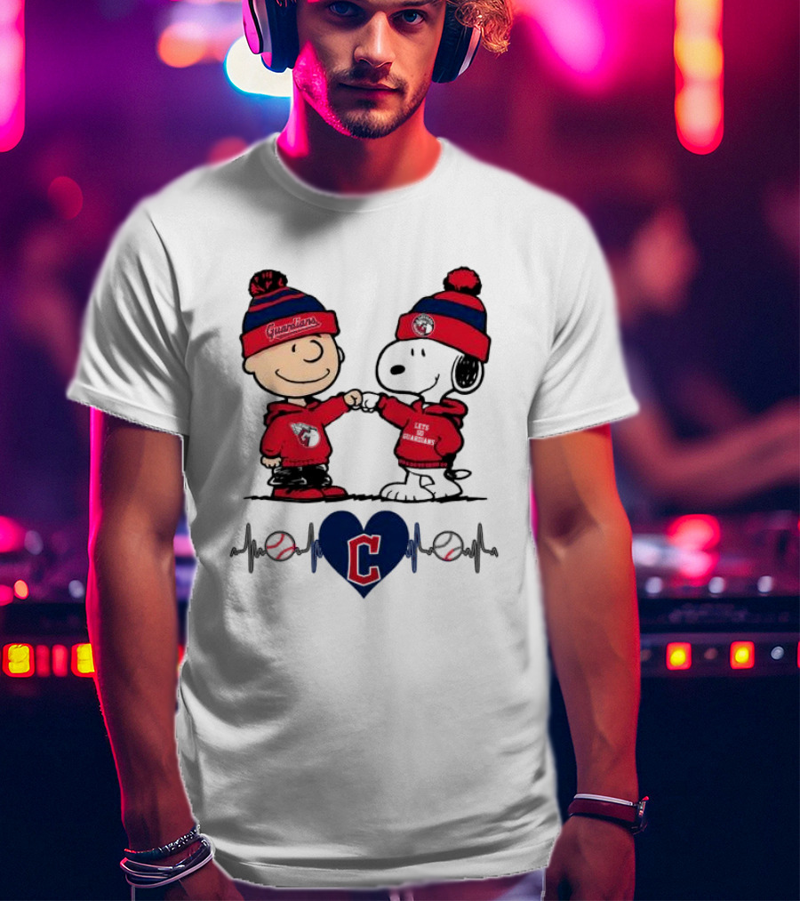 Charlie Brown Snoopy Cleveland Guardians Heartbeat Guardians Cap And T-Shirt