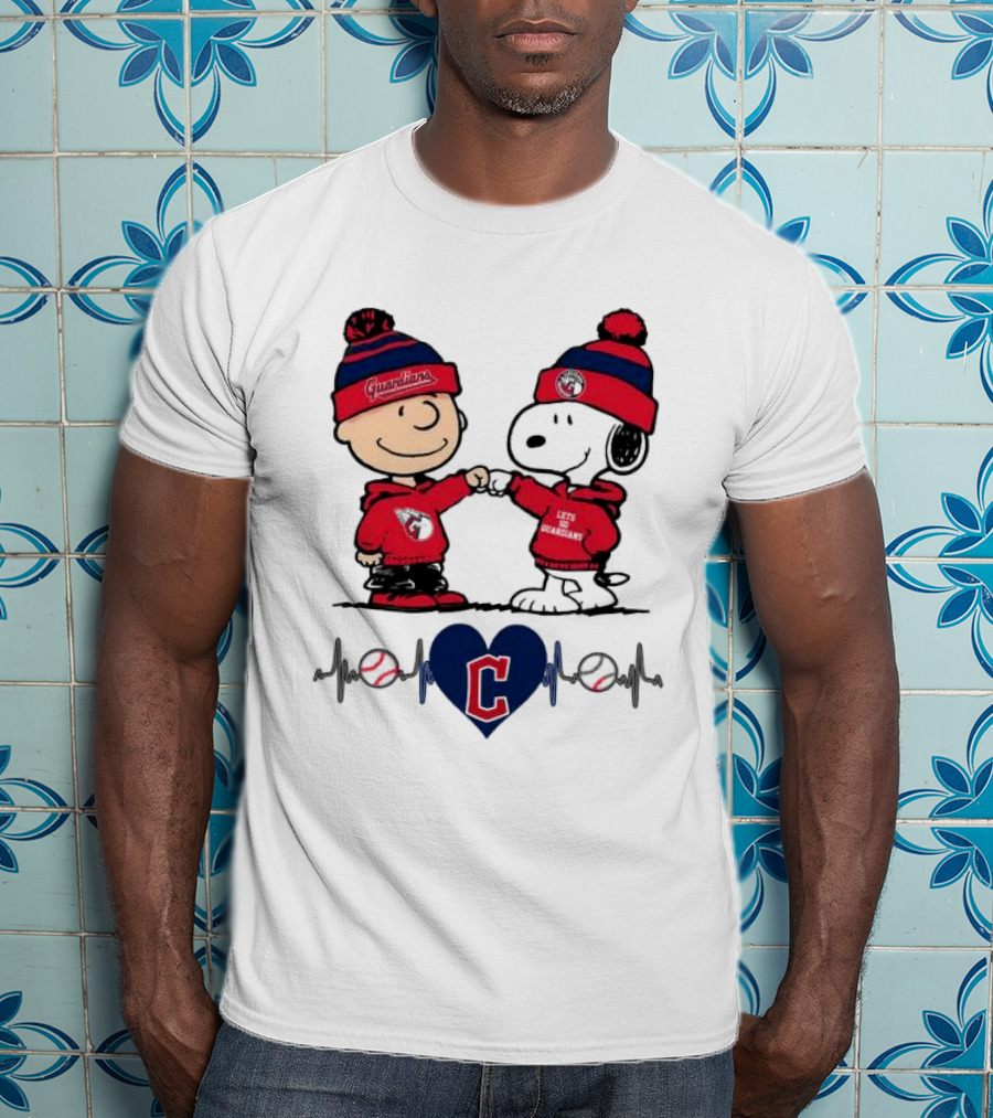 Charlie Brown Snoopy Cleveland Guardians Heartbeat Guardians Cap And T-Shirt