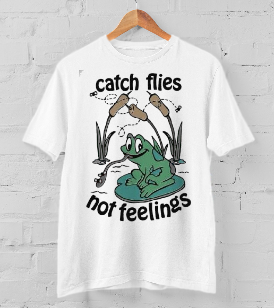 Catch Flies Not Feelings Frog On Lily Pad With Swirling Flies T-Shirt