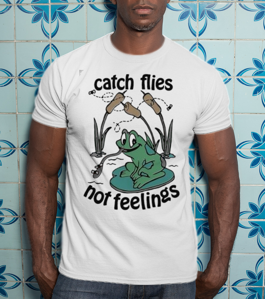 Catch Flies Not Feelings Frog On Lily Pad With Swirling Flies T-Shirt
