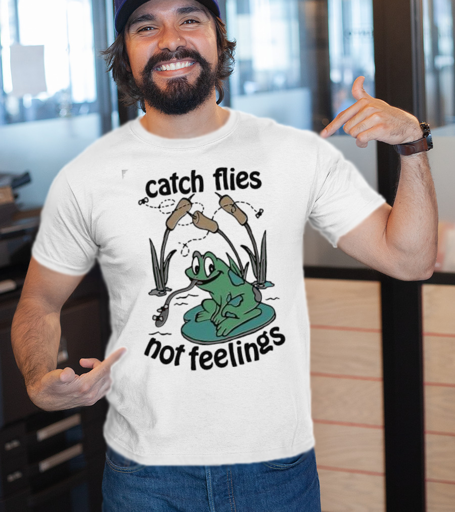Catch Flies Not Feelings Frog On Lily Pad With Swirling Flies T-Shirt
