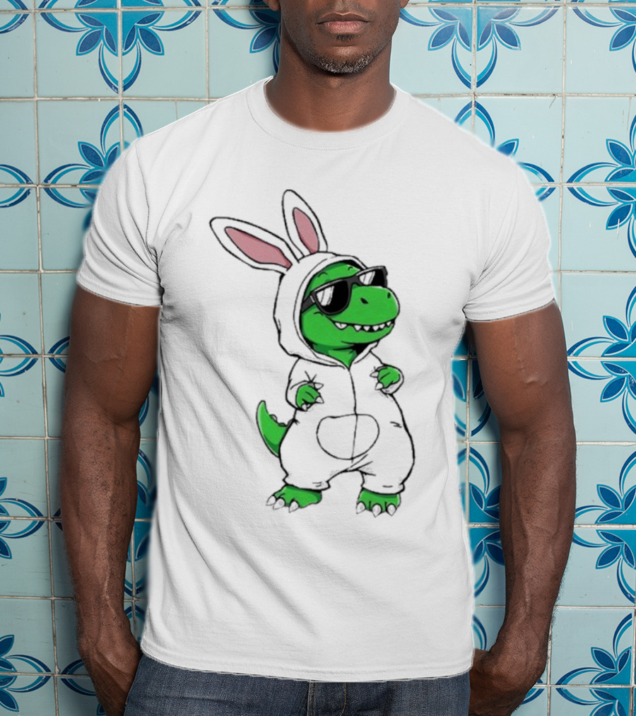 Cool Dino Wearing Easter Bunny Rabbit Costume With Sunglasses T-Shirt