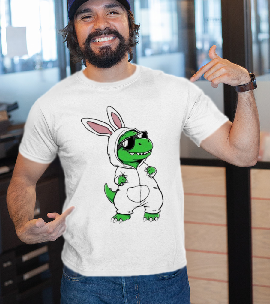 Cool Dino Wearing Easter Bunny Rabbit Costume With Sunglasses T-Shirt