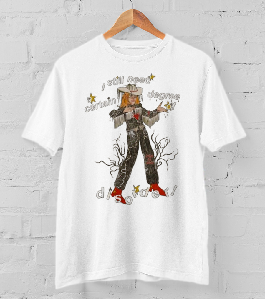 Cowboy Hayley I Still Need A Certain Degree Of Disorder Star Motif Western Outfit White Cowboy Hat Fringe Red Boots T-Shirt